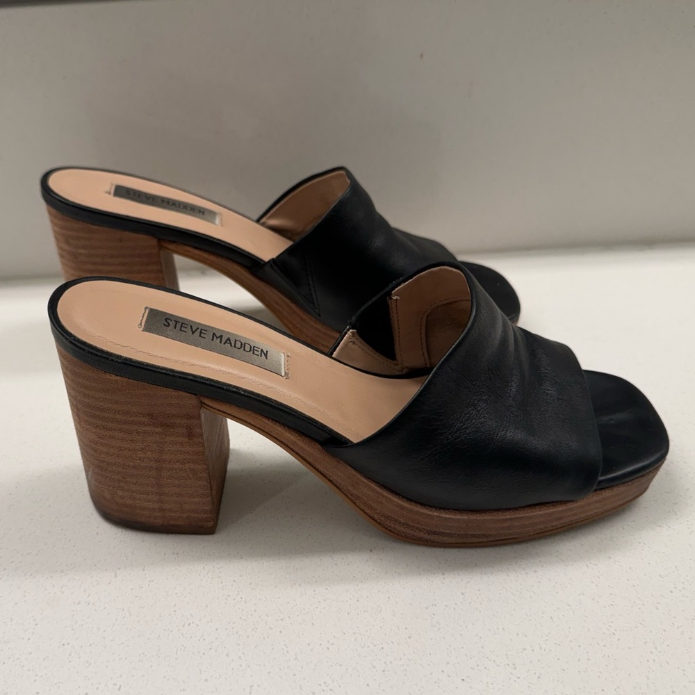 Steve Madden Alessia Black Leather Chunky Heel Slide Women's Size 7.5